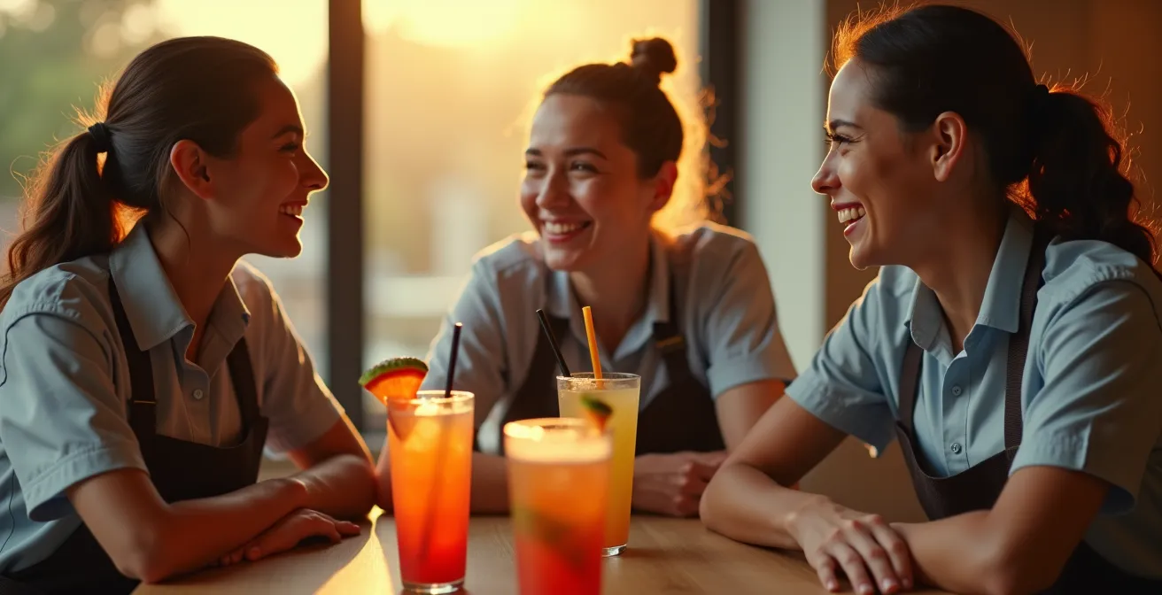 Moment de détente collective sans alcool entre collègues de l'hôtellerie