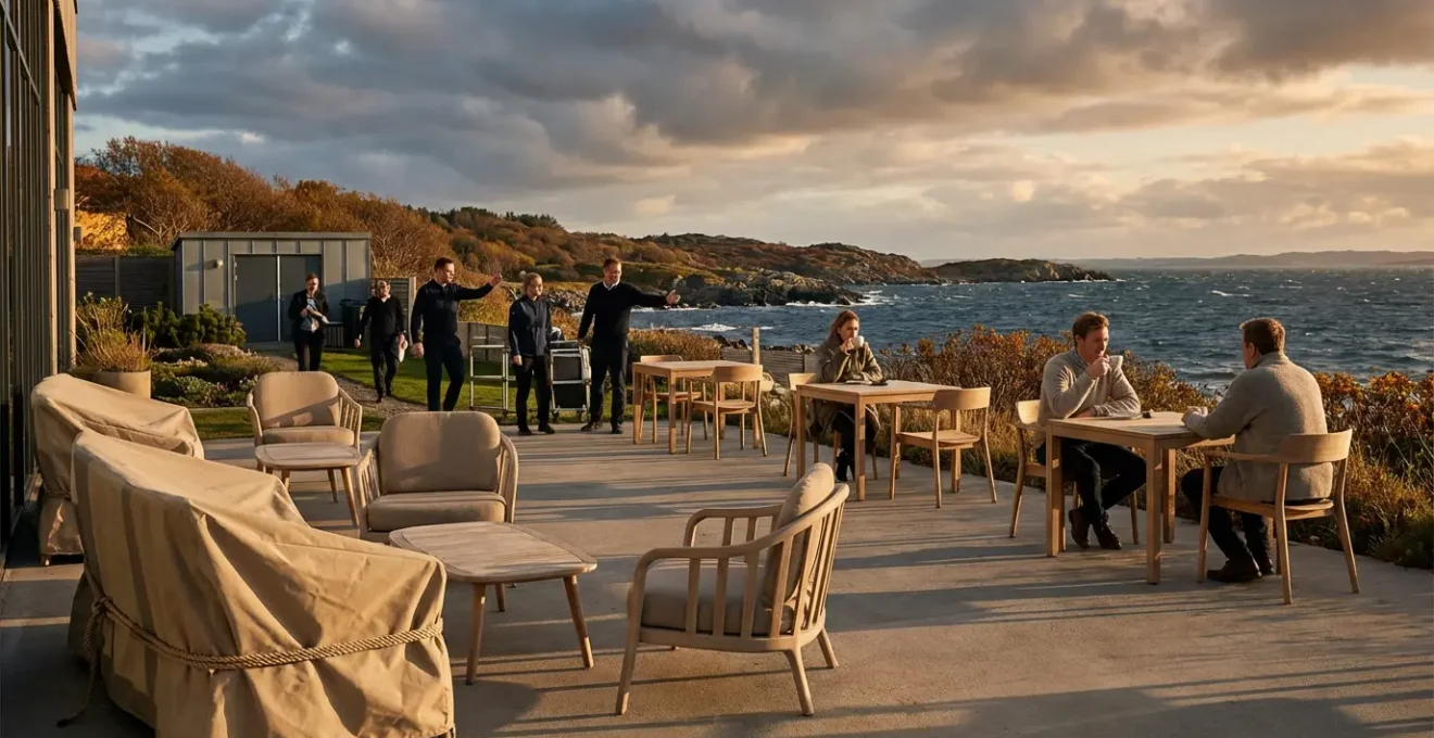 Vue panoramique d'un hôtel en bord de mer en automne avec terrasse semi-vide et employés en formation