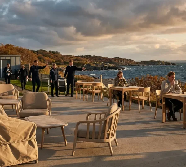 Vue panoramique d'un hôtel en bord de mer en automne avec terrasse semi-vide et employés en formation
