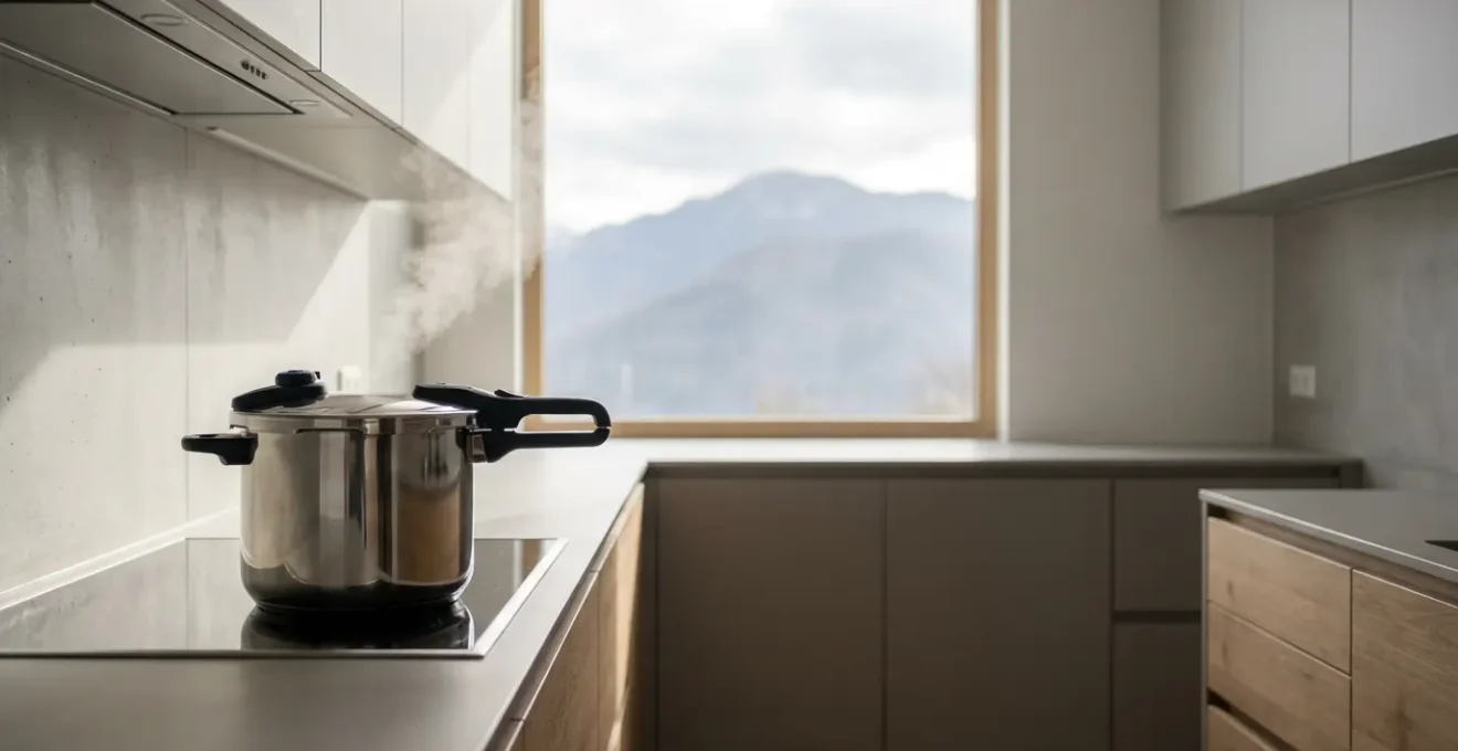 Autocuiseur moderne sur une plaque de cuisson avec un paysage de montagne en arrière-plan, symbolisant la solution à la cuisson en altitude.