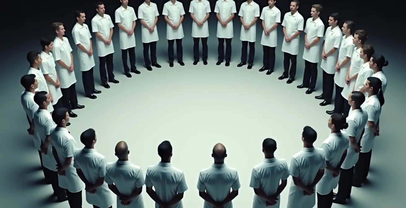 Brigade de cuisine en cercle pendant le briefing d'avant-service