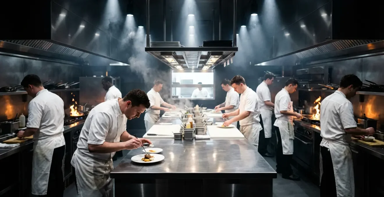 Brigade de cuisine en pleine coordination pendant le coup de feu avec organisation militaire moderne