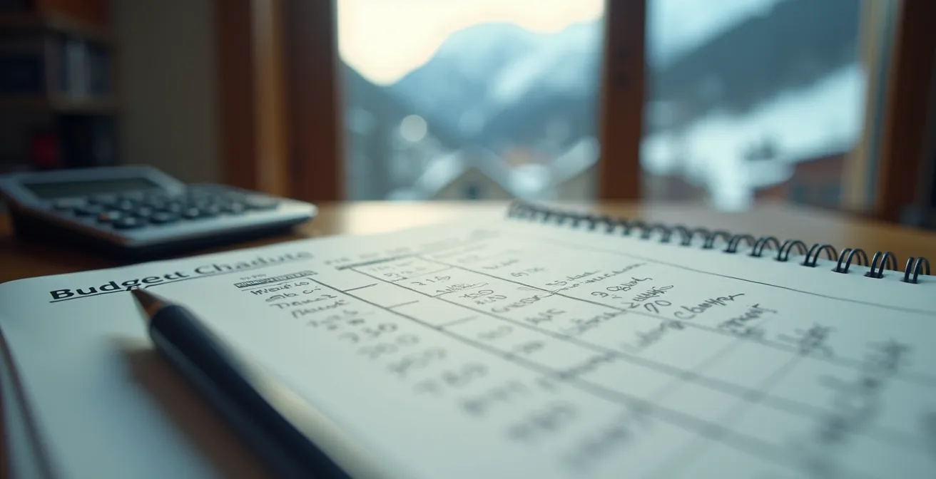 Carnet de comptes ouvert avec stylo posé dessus, arrière-plan flou de station de montagne