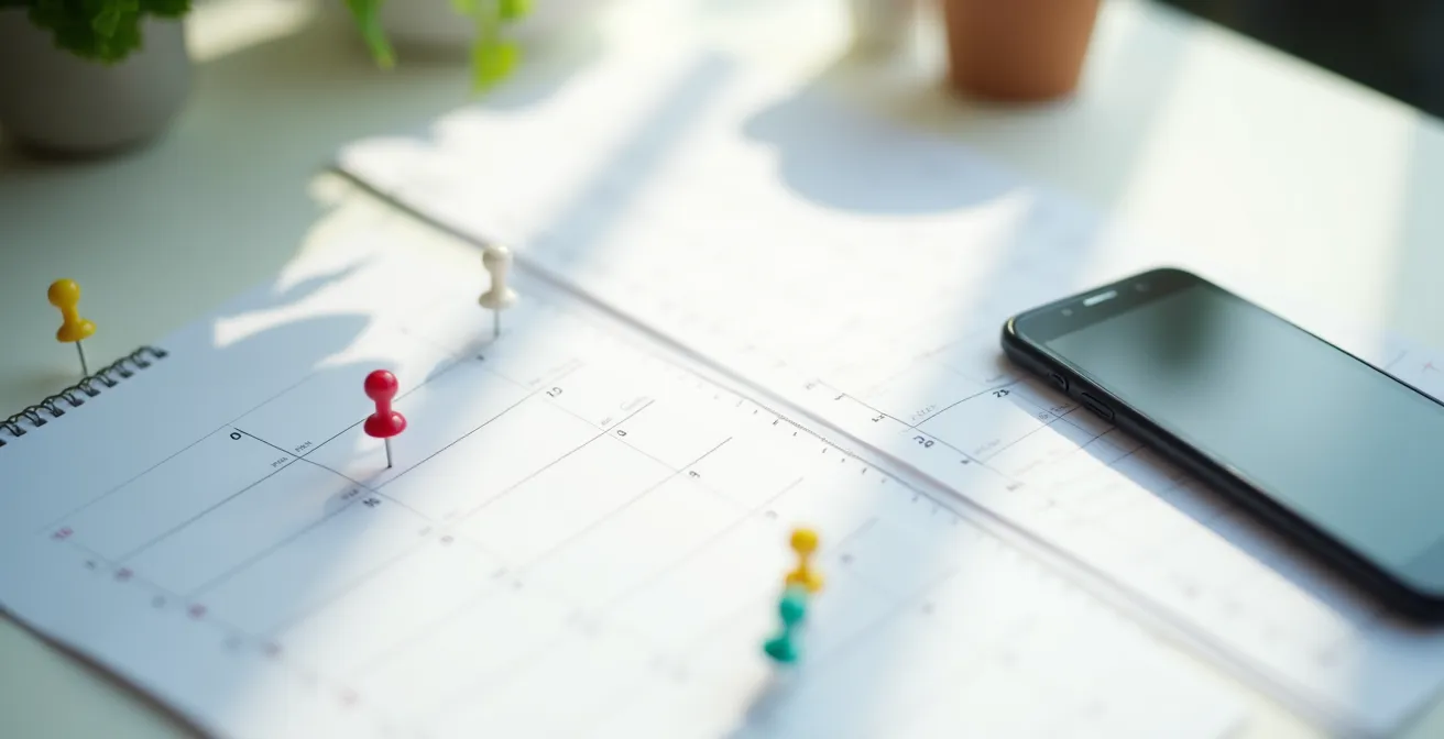 Calendrier avec dates importantes marquées pour l'inscription à France Travail