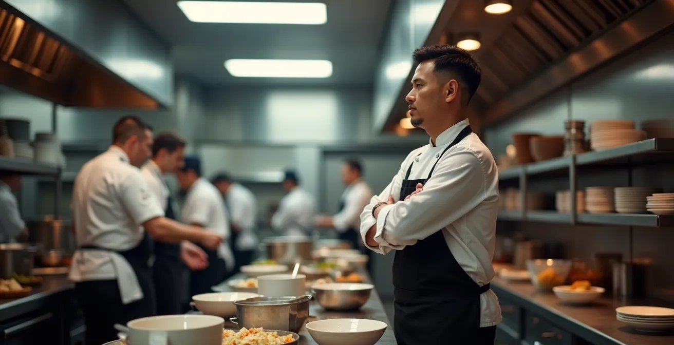 Un chef observe son équipe travailler avec recul depuis un point stratégique de la cuisine