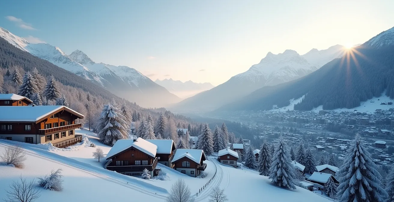 Vue aérienne d'un village de montagne enneigé avec chalets traditionnels contrastant avec une vallée urbaine en contrebas