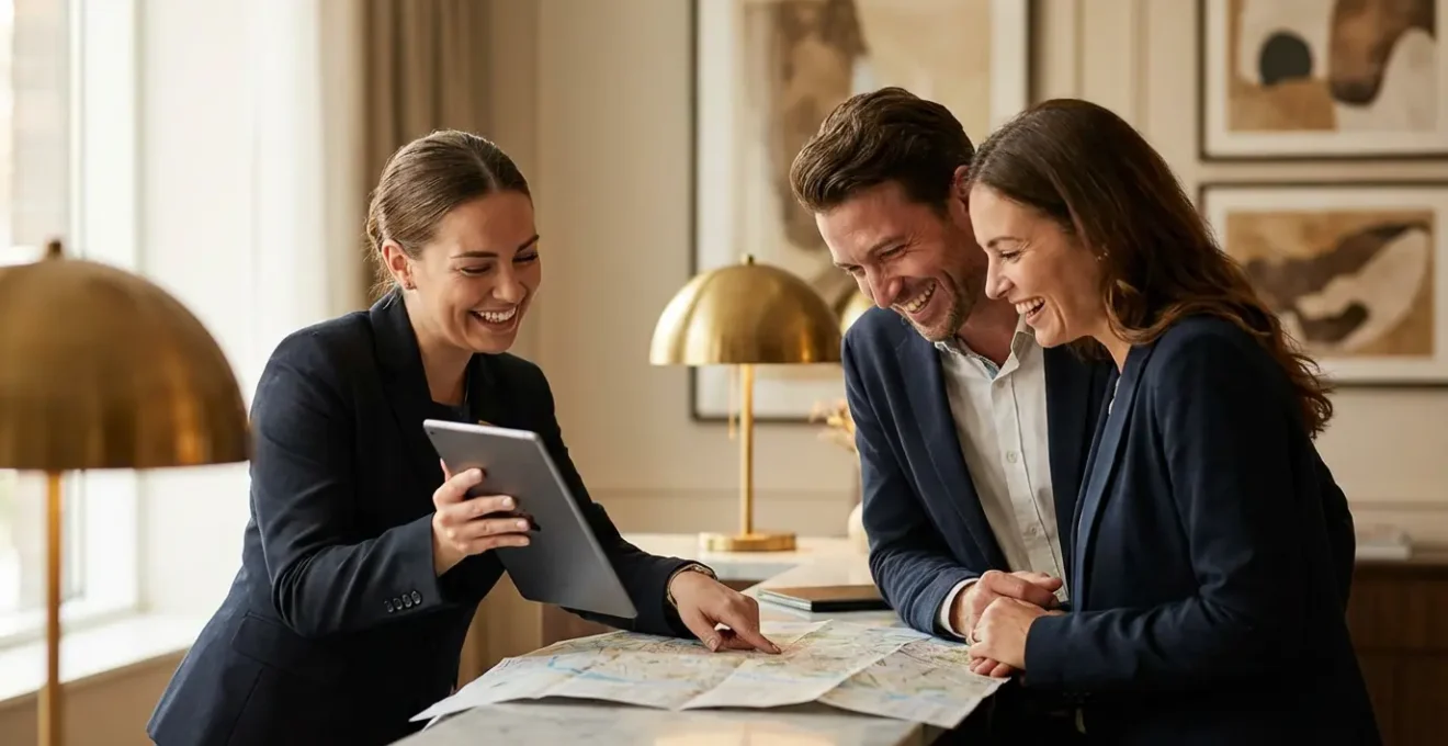 Concierge humain et tablette numérique côte à côte dans un hôtel, symbolisant la synergie des services.