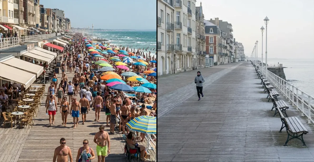 Diptyque photographique montrant la même rue côtière en été bondée et en hiver paisible