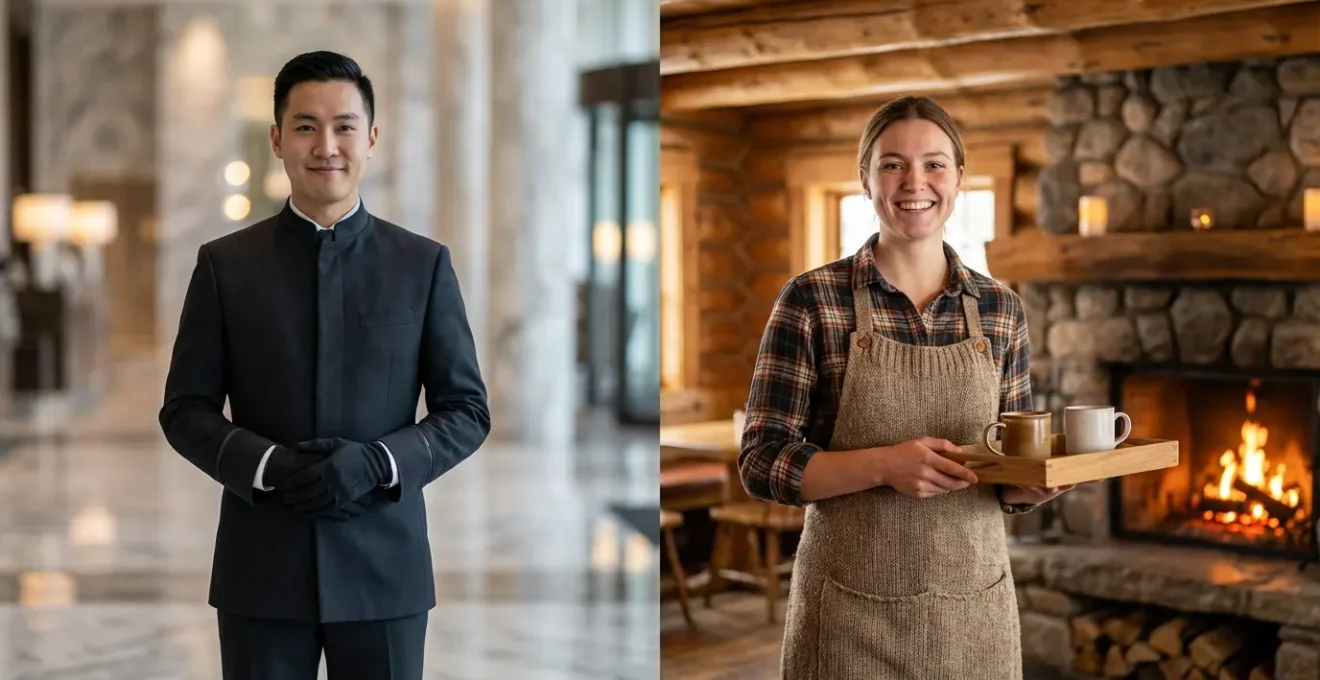 Comparaison visuelle entre un service en palace et un restaurant familial de montagne