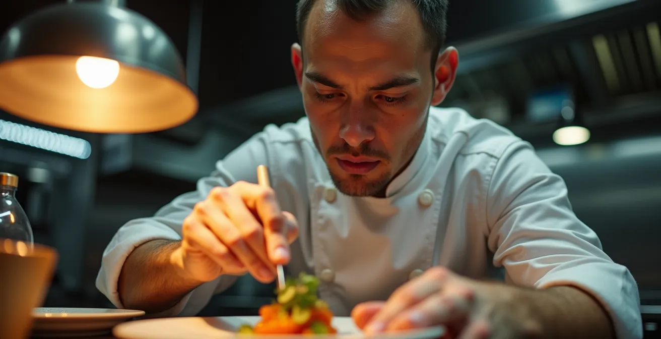 Chef de partie concentré pendant le coup de feu du service du soir