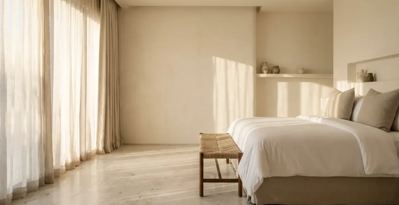 Intérieur épuré d'une suite de palace avec détails luxueux subtils