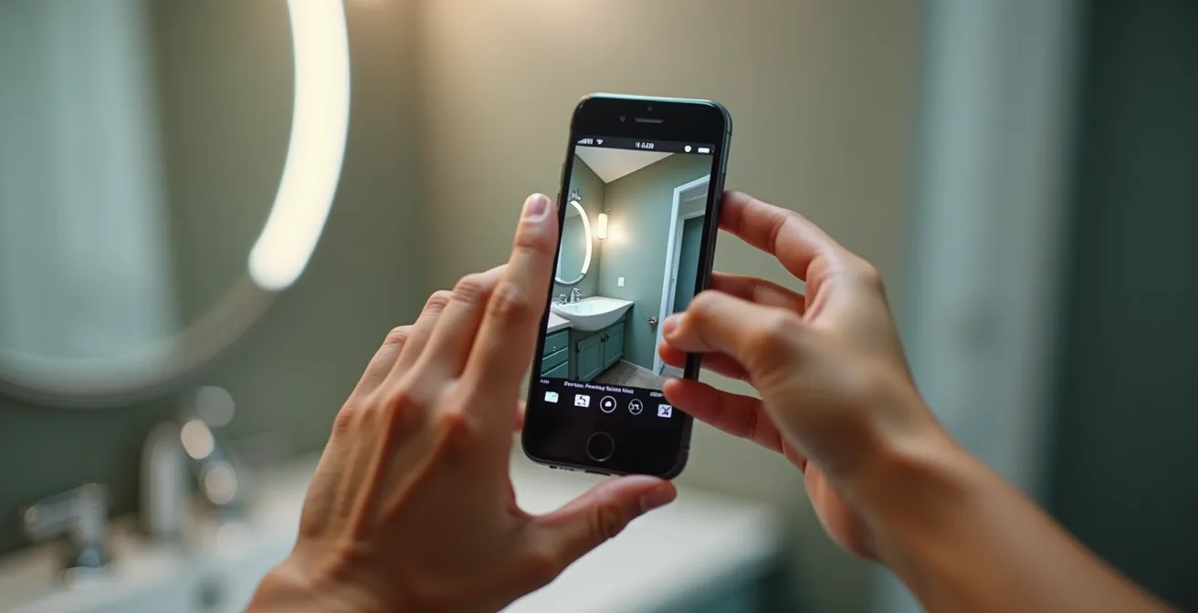 Mains tenant un smartphone photographiant des détails d'un logement pour l'état des lieux