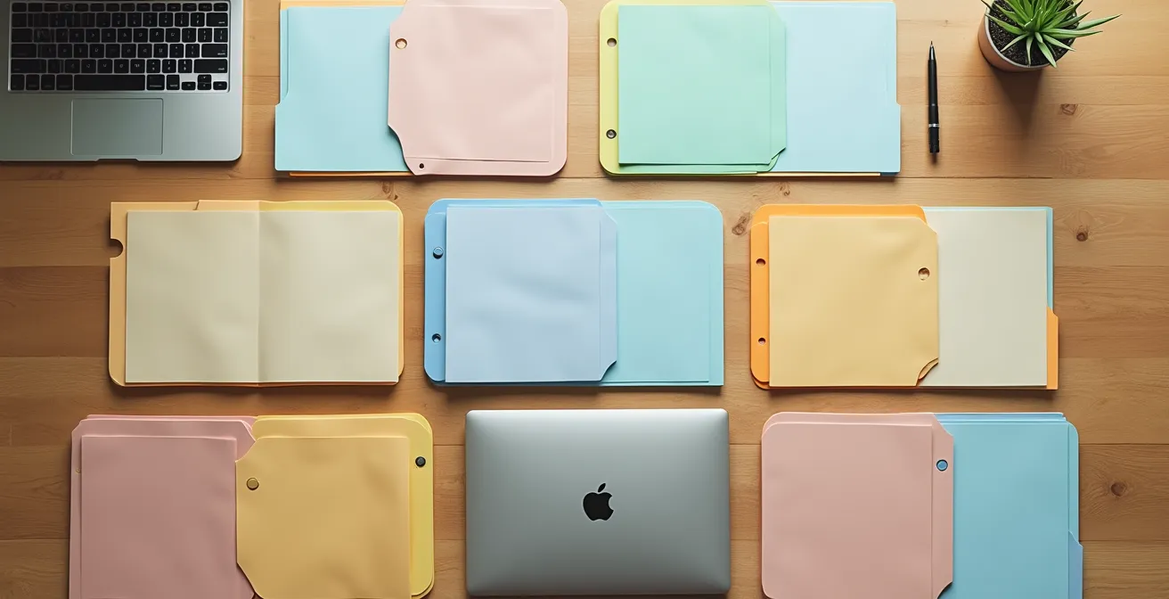 Vue de dessus d'une table avec dossiers administratifs organisés et ordinateur portable ouvert