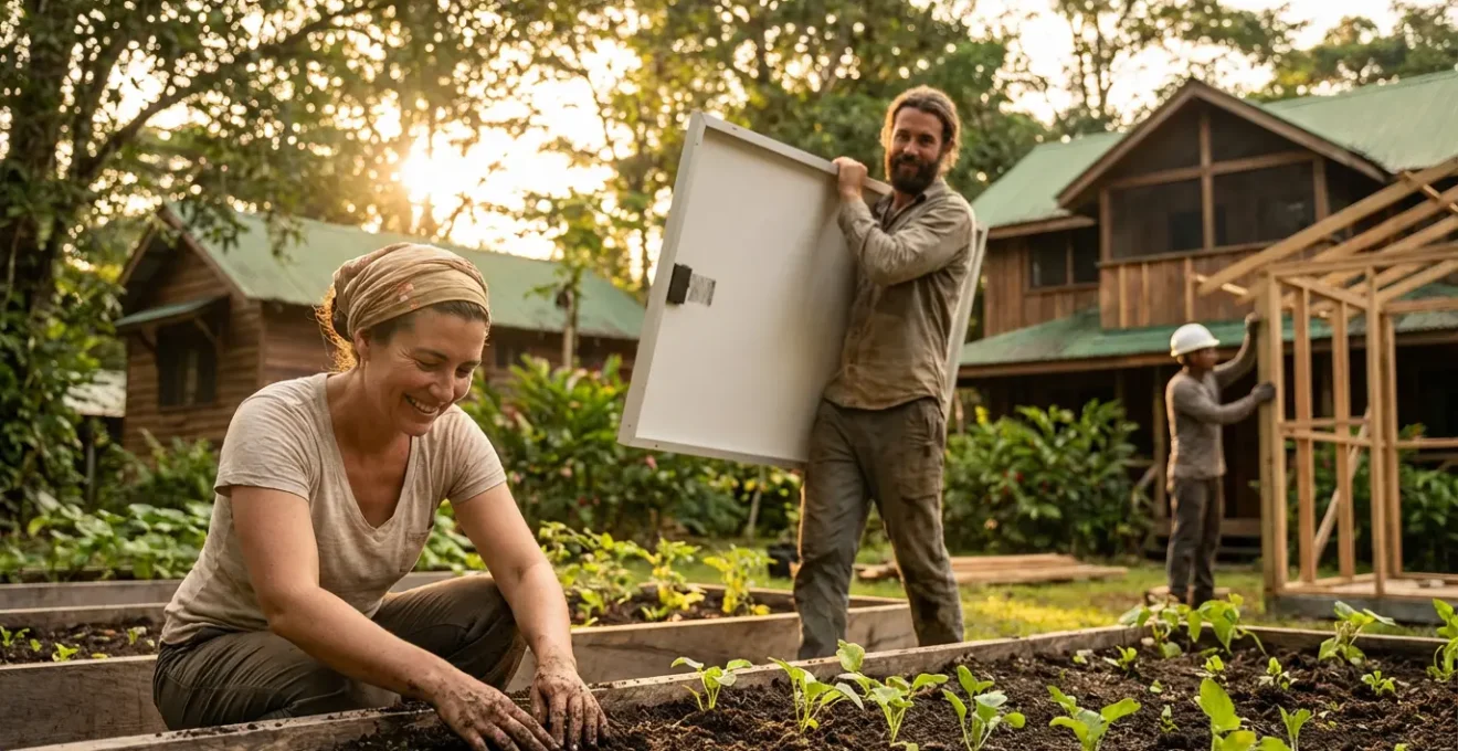 Équipe d'employés polyvalents travaillant ensemble dans un écolodge entouré de nature