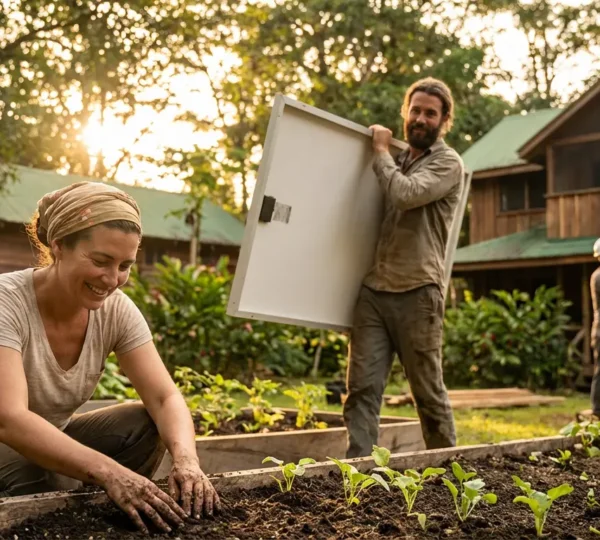 Équipe d'employés polyvalents travaillant ensemble dans un écolodge entouré de nature