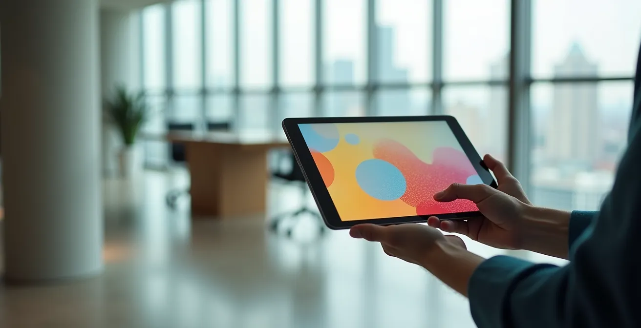 Mains consultant une tablette avec interface de personnalisation d'expérience hôtelière