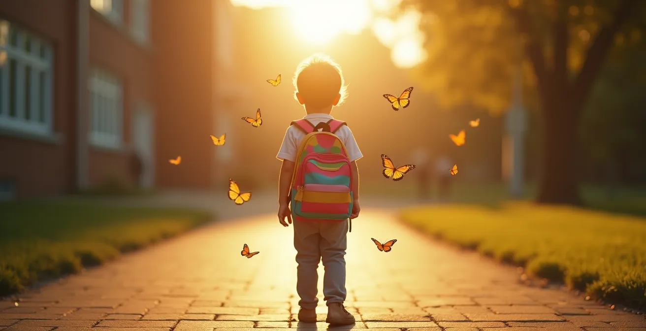 Enfant avec un sac à dos coloré découvrant sa nouvelle école, métaphore du papillon qui sort de son cocon