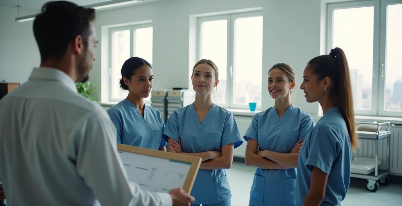 Équipe de femmes de chambre en réunion matinale avec leur gouvernante dans un hôtel