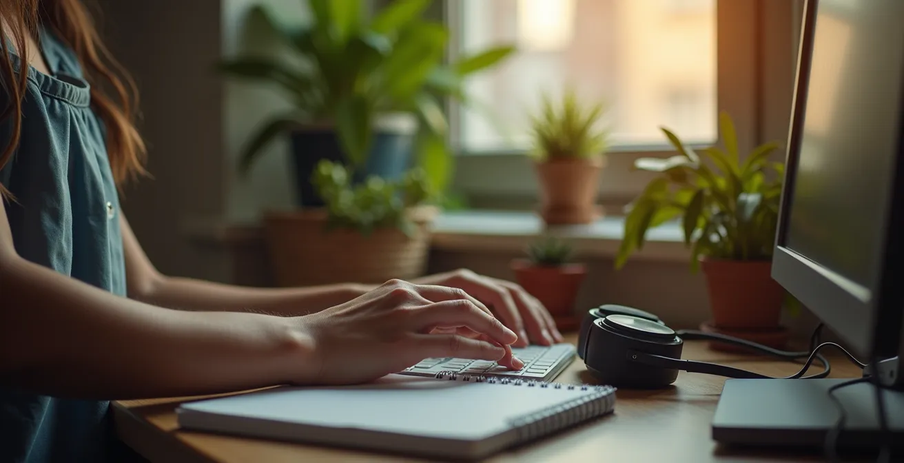 Coin personnel organisé dans une colocation avec casque antibruit et séparateurs d'espace