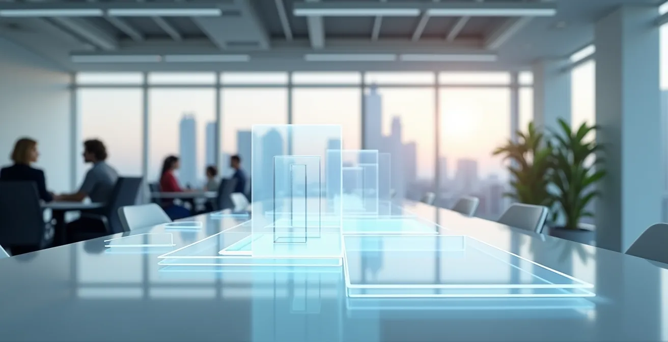 Vue aérienne minimaliste d'un bureau moderne avec interfaces technologiques abstraites