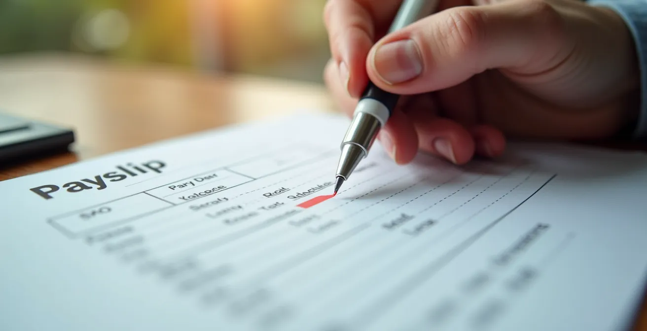Gros plan sur une main annotant une fiche de paie pour identifier les avantages en nature