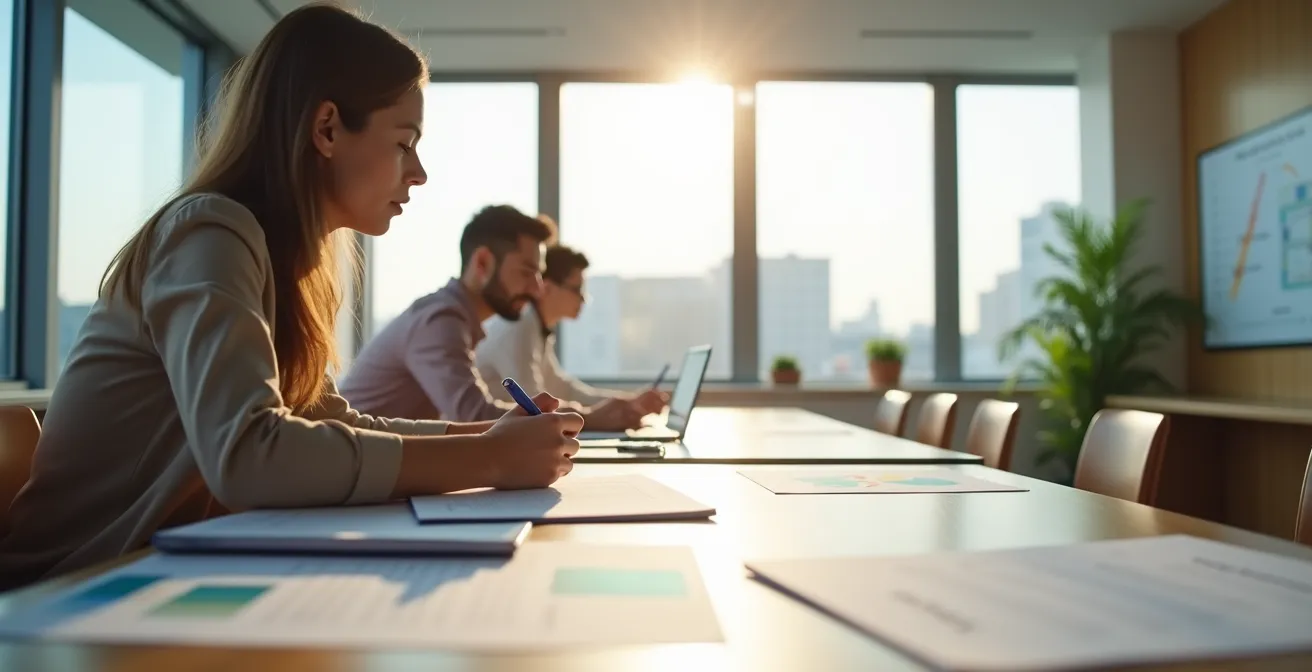 Personne en formation sur un PMS hôtelier avec prise de notes et concentration