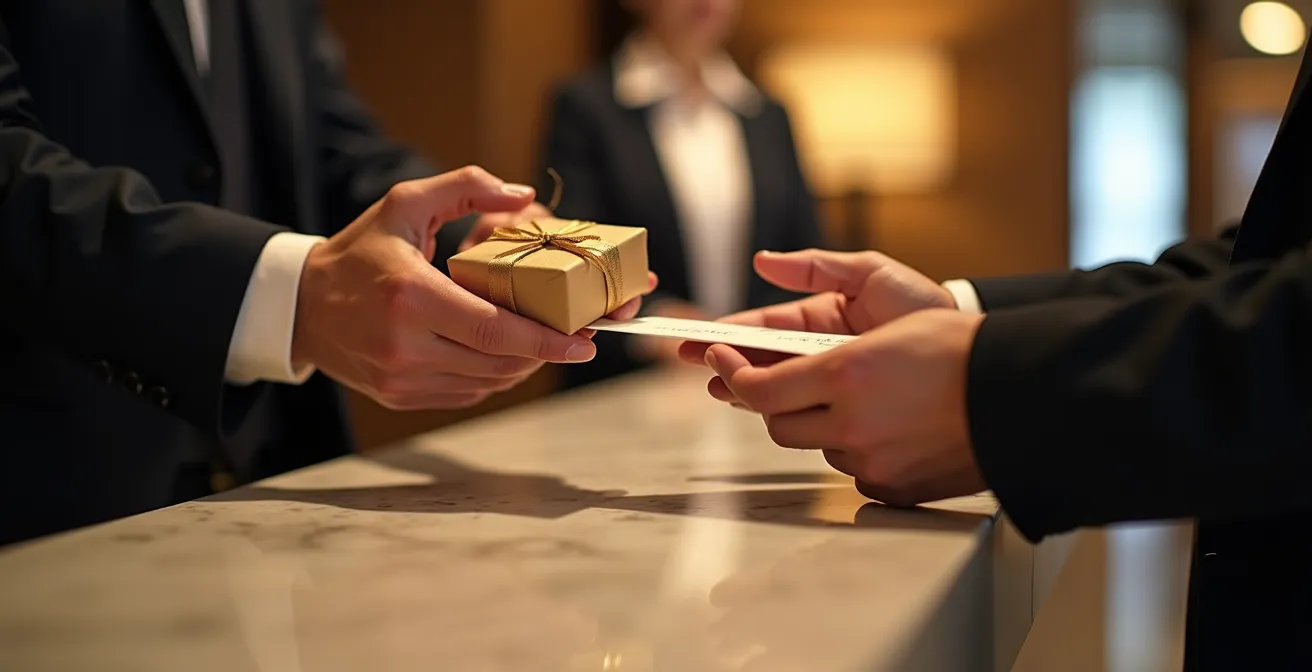 Directeur d'hôtel offrant un geste de réparation personnalisé à un client