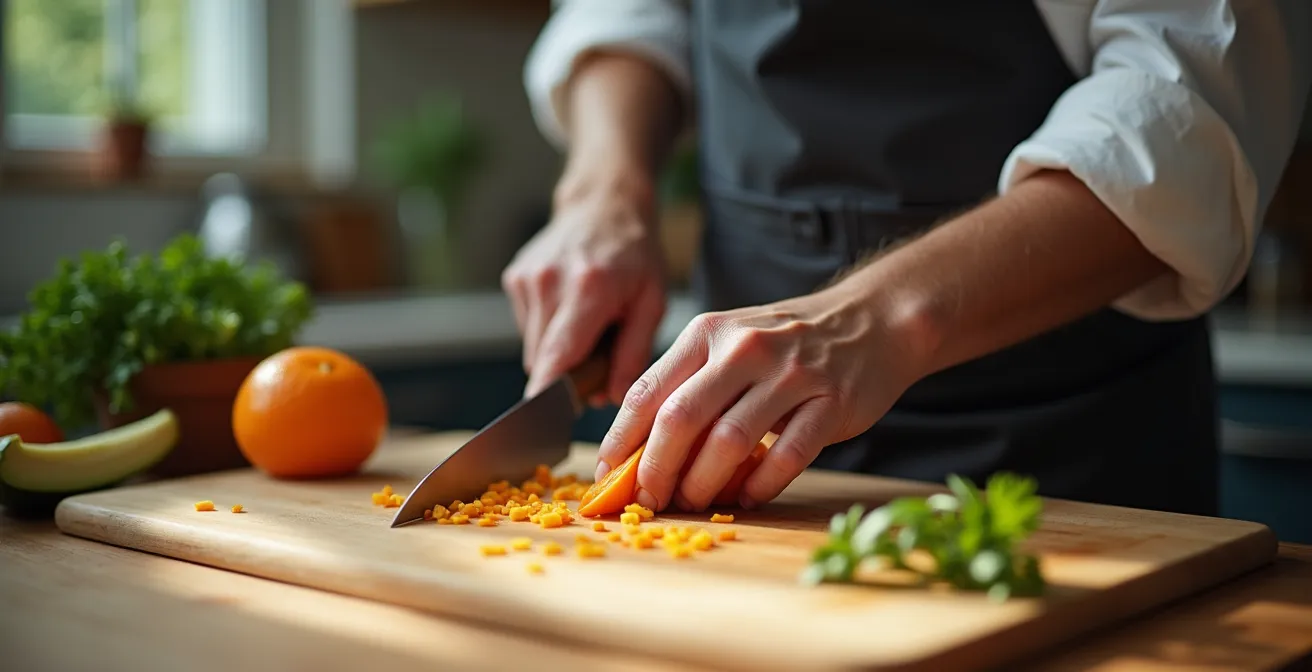 Position sécuritaire de la main en griffe lors de la découpe professionnelle