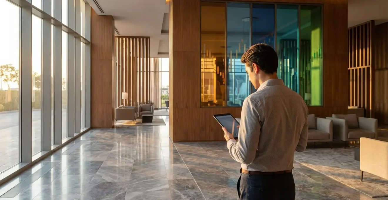 Hall d'hôtel moderne avec tableau de réservation dynamique en arrière-plan