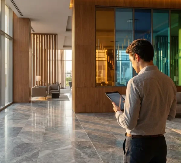 Hall d'hôtel moderne avec tableau de réservation dynamique en arrière-plan