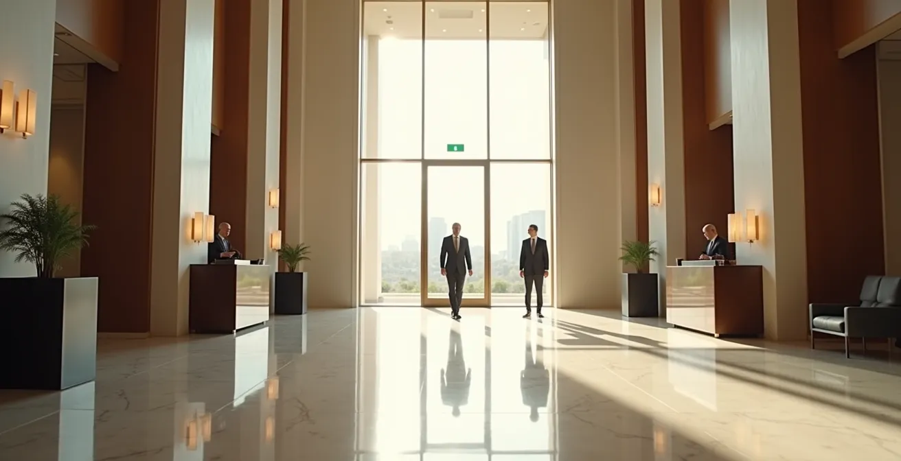 Vue large d'un hall d'hôtel épuré montrant l'interaction subtile entre personnel et client VIP