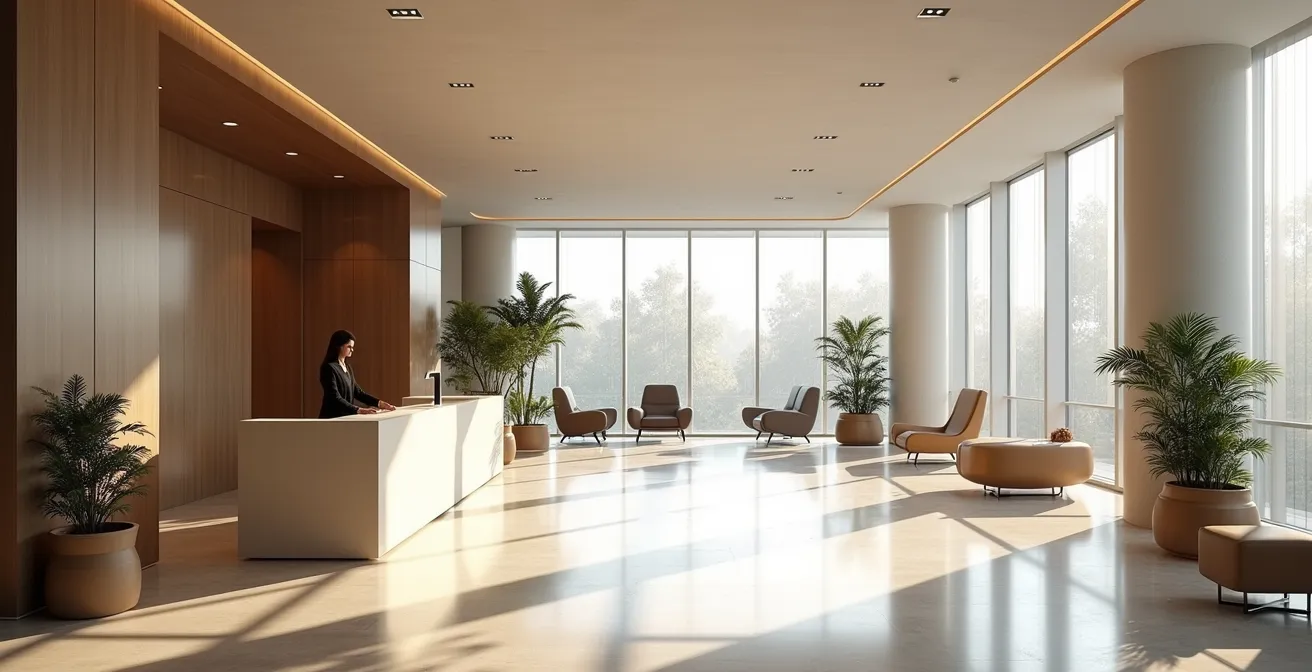 Hall d'hôtel moderne avec réception épurée et espace d'attente confortable
