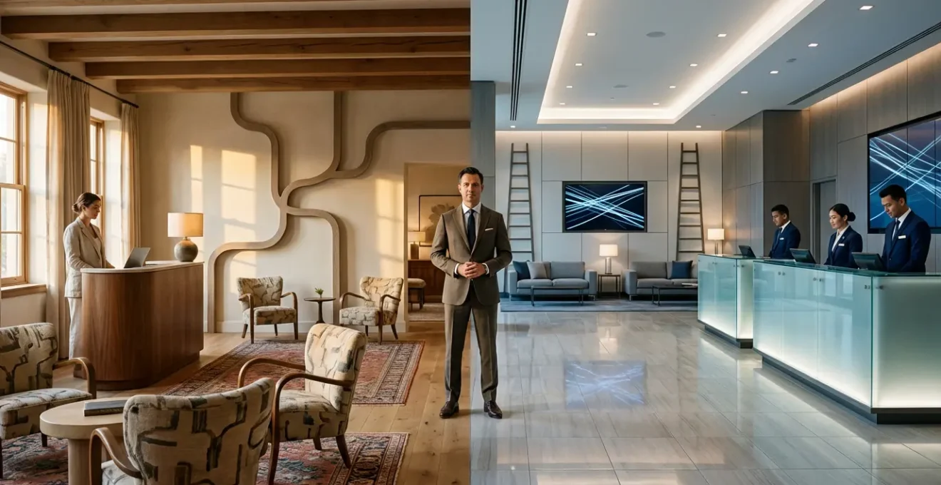 Comparaison visuelle entre un hôtel indépendant chaleureux et une chaîne hôtelière moderne, illustrant le dilemme de carrière dans l'hôtellerie