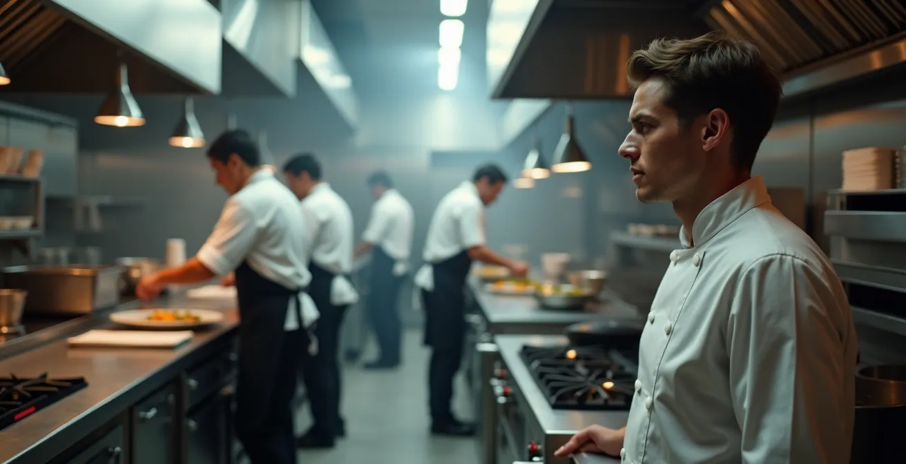 Stagiaire observant attentivement le travail d'une brigade en cuisine