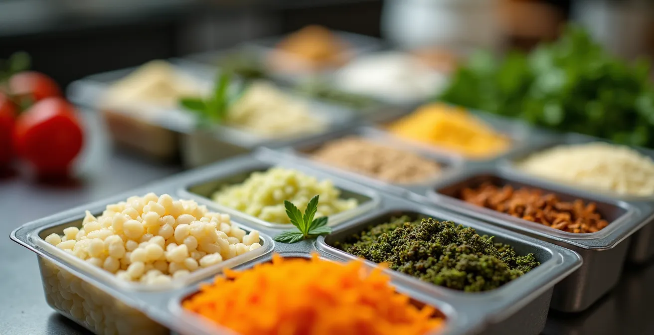 Kits de mise en place pré-portionnés organisés dans une cuisine professionnelle
