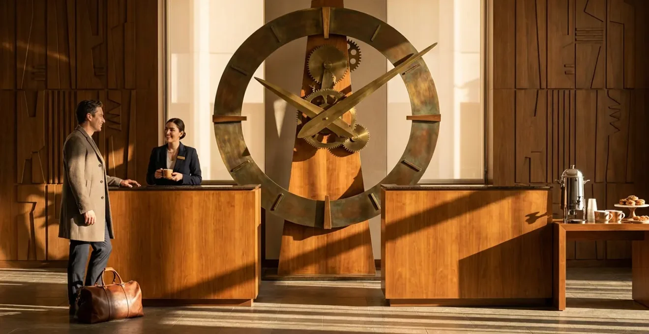 Réception d'hôtel avec horloge et client détendu lors du départ, illustrant un départ sans stress.