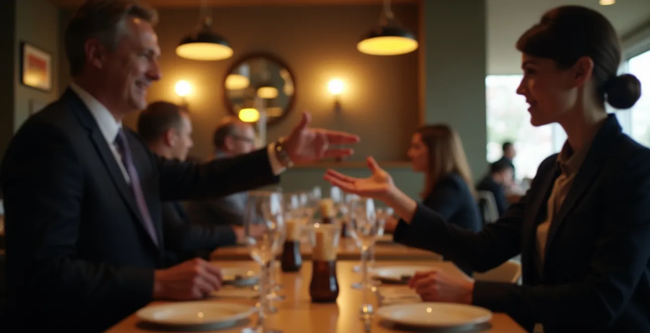 Manager et serveur échangeant discrètement pendant le service en salle