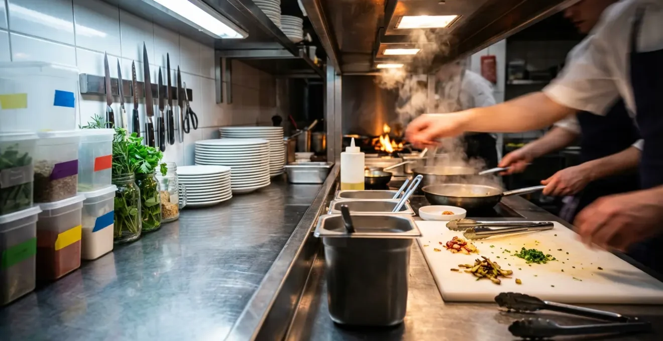 Organisation méticuleuse d'une station de travail en cuisine professionnelle montrant le contraste entre chaos et mise en place parfaite