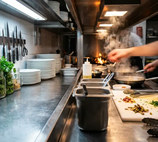 Organisation méticuleuse d'une station de travail en cuisine professionnelle montrant le contraste entre chaos et mise en place parfaite