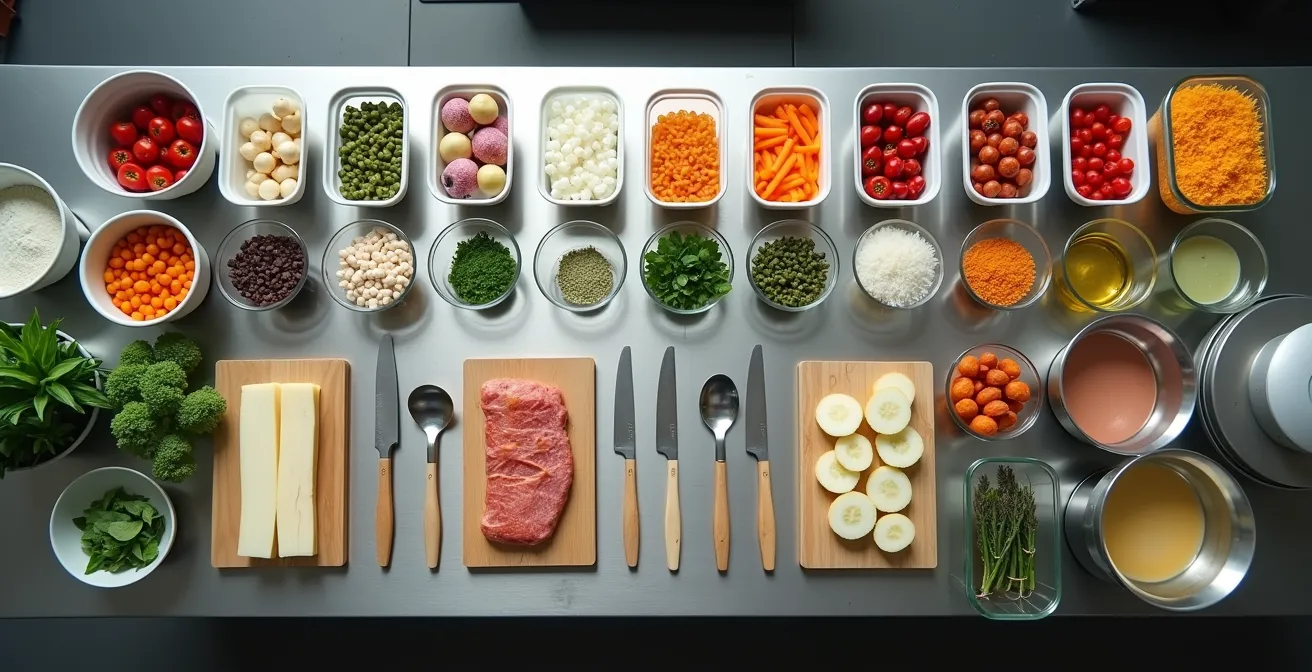 Organisation méthodique d'une mise en place avec contenants étiquetés et produits frais prêts à transformer
