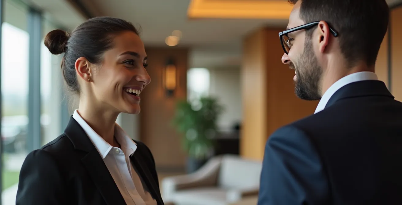 Discussion professionnelle entre un stagiaire et son manager dans un cadre hôtelier