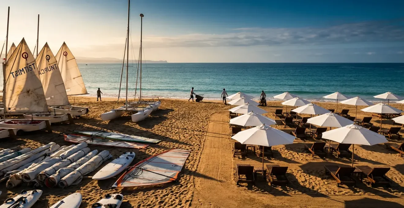 Moniteur de voile et plagiste travaillant sur une plage en été avec matériel nautique