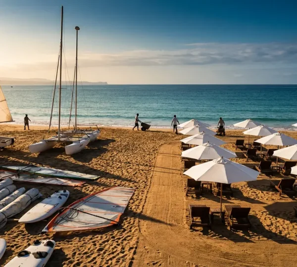 Moniteur de voile et plagiste travaillant sur une plage en été avec matériel nautique