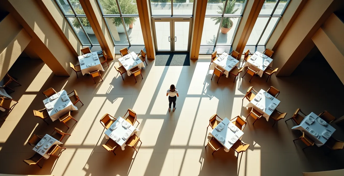 Vue aérienne minimaliste d'un restaurant montrant les trajectoires optimisées du service