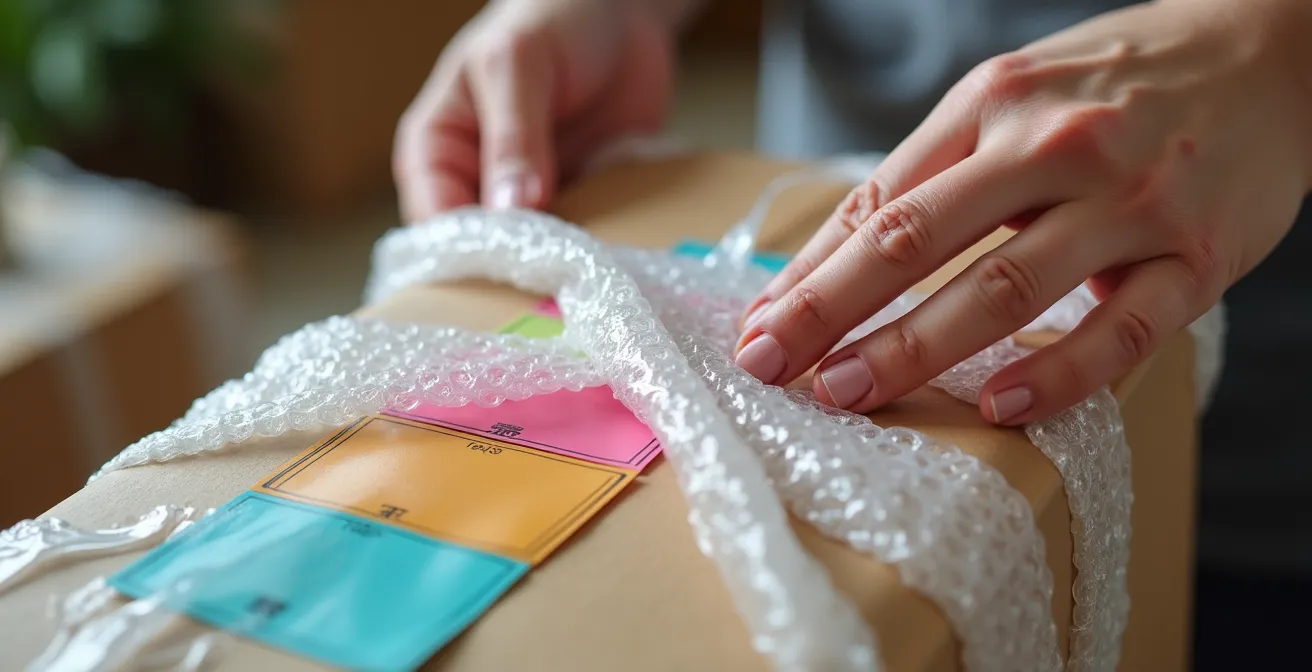 Vue macro de mains organisant méthodiquement des objets dans des cartons avec étiquettes colorées