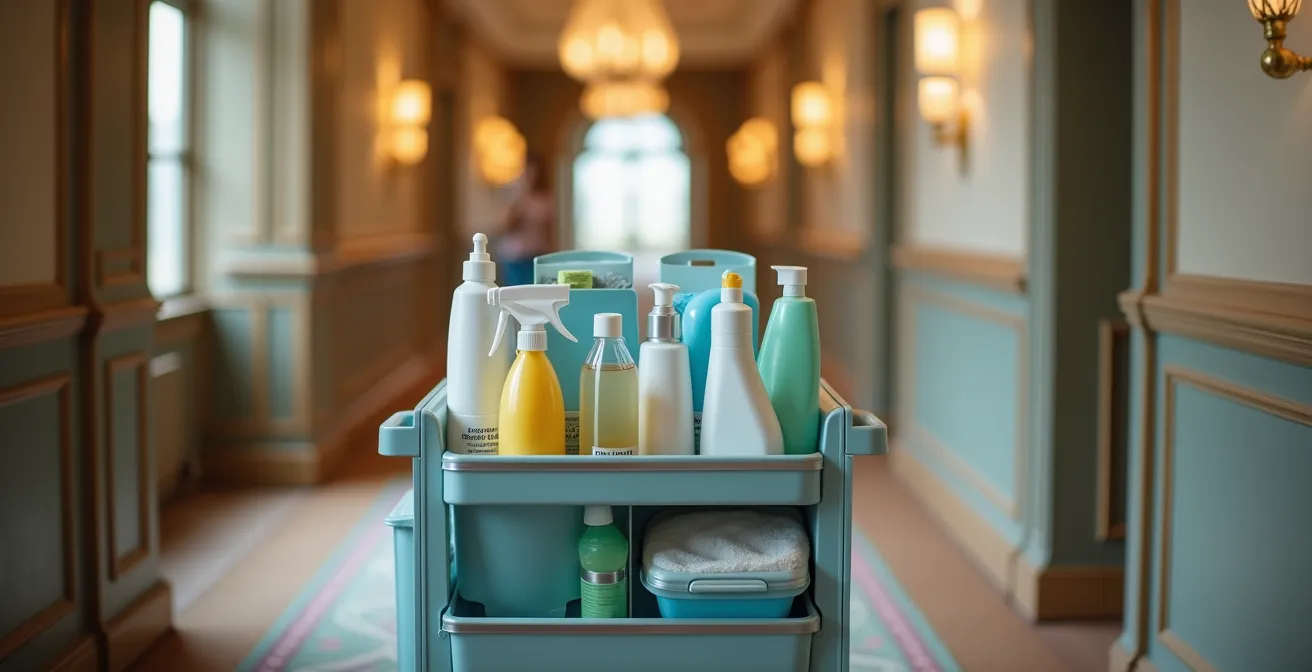 Chariot de ménage professionnel organisé méthodiquement dans un couloir d'hôtel