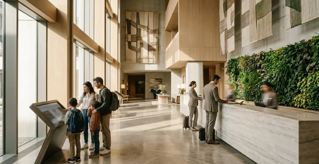 Hall d'hôtel de luxe avec voyageurs et concierge dans une atmosphère chaleureuse