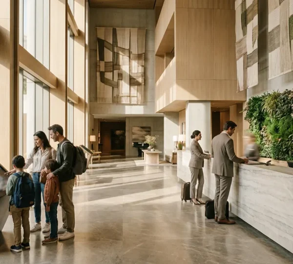 Hall d'hôtel de luxe avec voyageurs et concierge dans une atmosphère chaleureuse