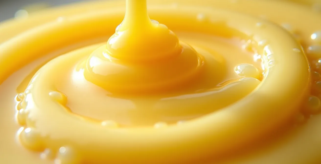 Gros plan macro sur la texture crémeuse d'une émulsion parfaite avec bulles d'huile microscopiques