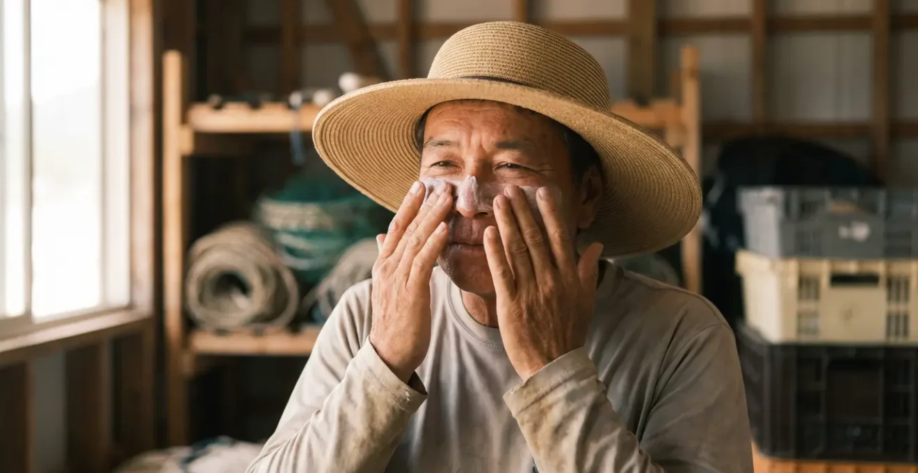 Plagiste avec équipement de protection solaire complet au travail